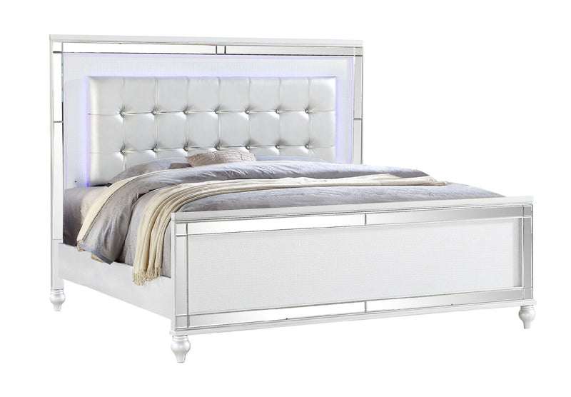 Sterling King Size Upholstered LED Bed made with wood in White Color