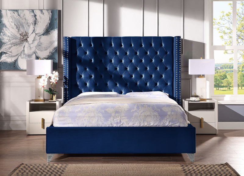 Contemporary Velvet Upholstered Bed with Deep Button Tufting, Solid Wood Frame, High-density Foam, Silver Metal Leg, King Size