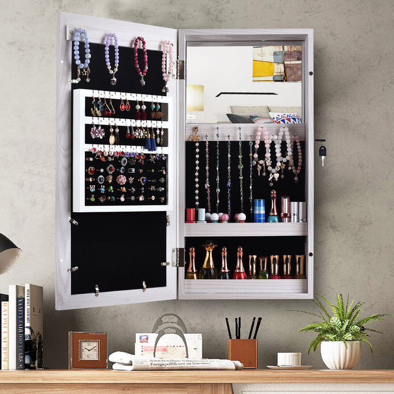Free shipping Jewelry Organizer Wall/Door Mounted Lockable Jewelry Cabinet with Mirror Space Saving Jewelry Storage Cabinet,Beauty Organizer Dressing Makeup,White