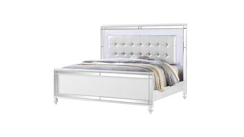 Sterling King Size Upholstered LED Bed made with wood in White Color