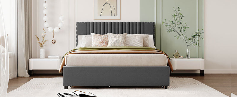 Queen Size Upholstered Platform Bed with 2 Drawers and 1 Twin XL Trundle, Classic Headboard Design, Gray