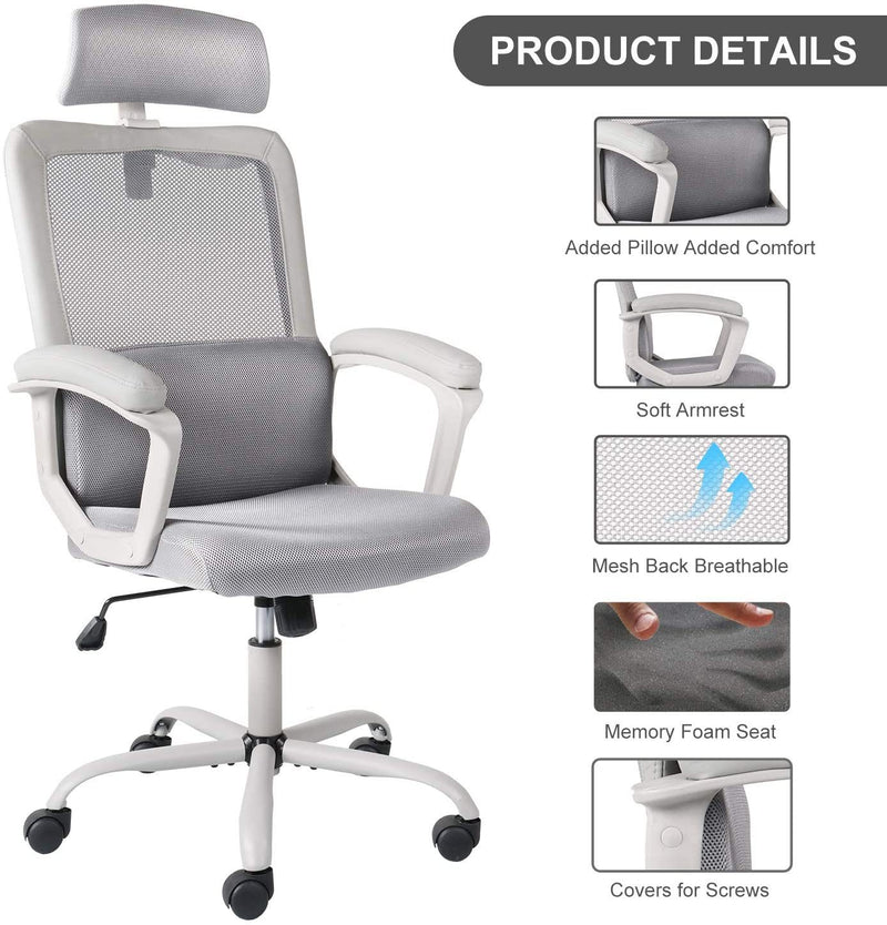 Smugdesk Office Chair, High Back Ergonomic Mesh Desk Office Chair with Padding Armrest and Adjustable Headrest -Gray