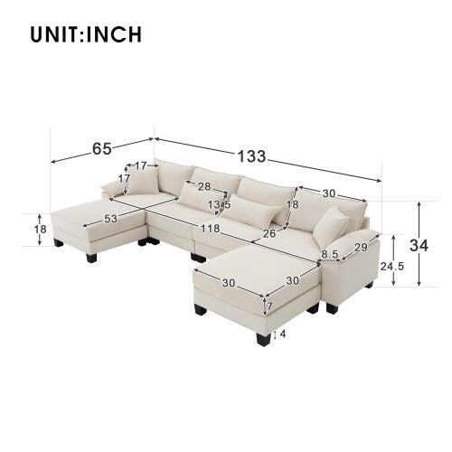 133*65\" Corduroy Modular Sectional Sofa,U Shaped Couch with Armrest Bags,6 Seat Freely Combinable Sofa Bed,Comfortable and Spacious Indoor Furniture for Living Room, 2 Colors