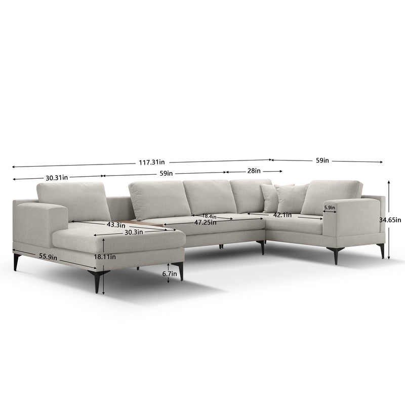 3-Piece U-Shape Upholstered Sectional Couch Sofa Set with 1 Two-seat Sofas 1 Two-seat Armless Sofa 1 Chaise and 1 Small Coffee Table with Drawers, with Reversible Chaise Lounge, Texture Champange