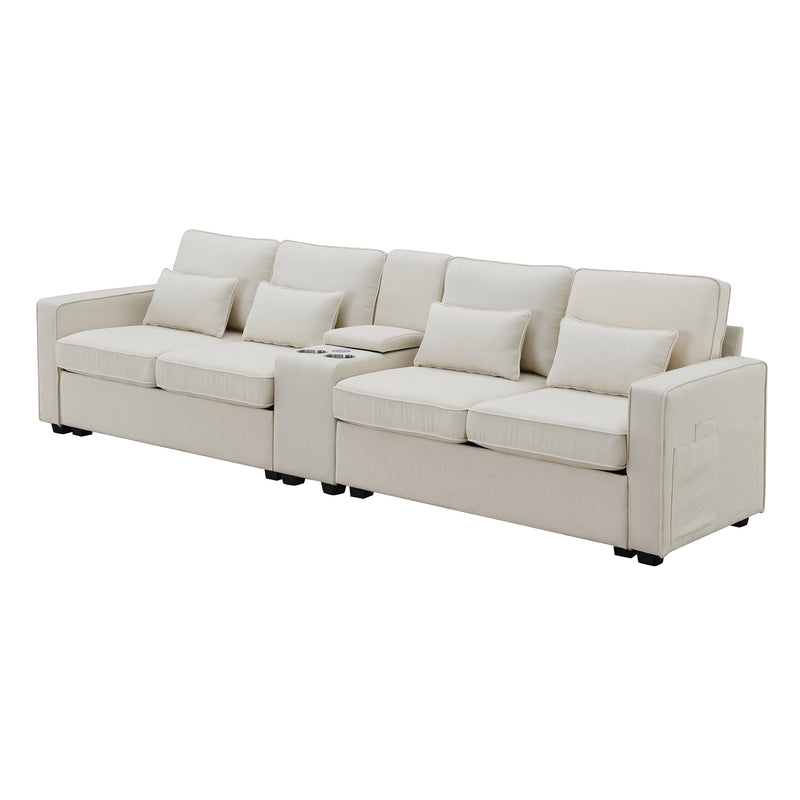 [VIDEO provided] [New] 114.2" Upholstered Sofa with Console, 2 Cupholders and 2 USB Ports Wired or Wirelessly Charged, Modern Linen Fabric Couches with 4 Pillows for Living Room, Apartment (4-Seat)