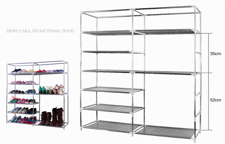 Double Rows Home Shoe Rack Shelf Storage Closet Organizer Cabinet Portable Cover Grey