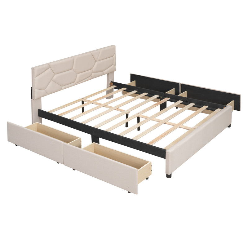 Queen Size Upholstered Platform Bed with Brick Pattern Headboard and 4 Drawers, Linen Fabric, Beige