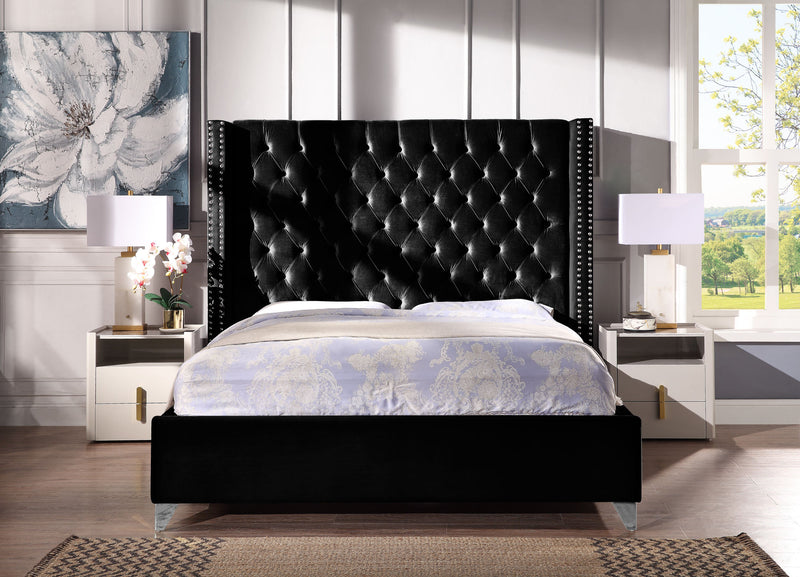 Contemporary Velvet Upholstered Bed with Deep Button Tufting, Solid Wood Frame, High-density Foam, Silver Metal Leg, King Size