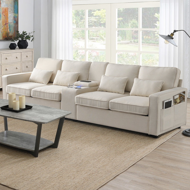 [VIDEO provided] [New] 114.2" Upholstered Sofa with Console, 2 Cupholders and 2 USB Ports Wired or Wirelessly Charged, Modern Linen Fabric Couches with 4 Pillows for Living Room, Apartment (4-Seat)