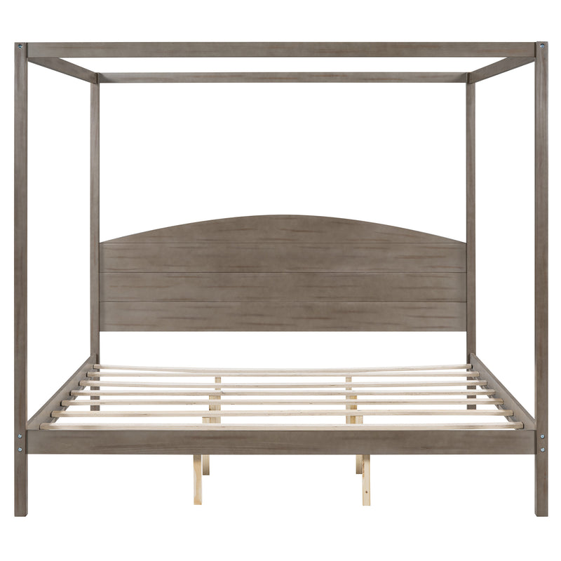 King Size Canopy Platform Bed with Headboard and Support Legs, Brown Wash