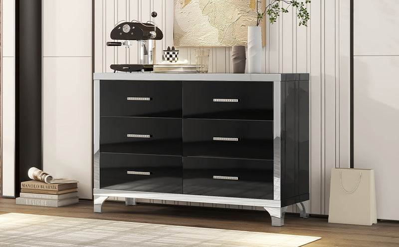 Elegant High Gloss Dresser with Metal Handle,Mirrored Storage Cabinet with 6 Drawers for Bedroom,Living Room,Black
