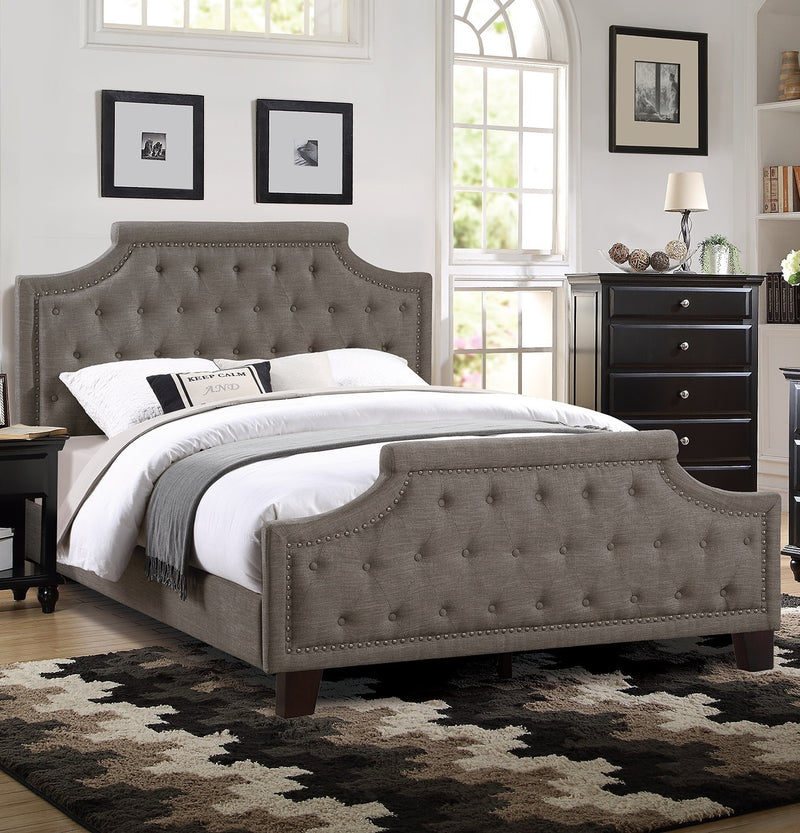 Modern Style Brown Polyfiber American Traditional 1pcs Queen Size Bed Only Button Tufted Headboard Footboard Bedroom Furniture