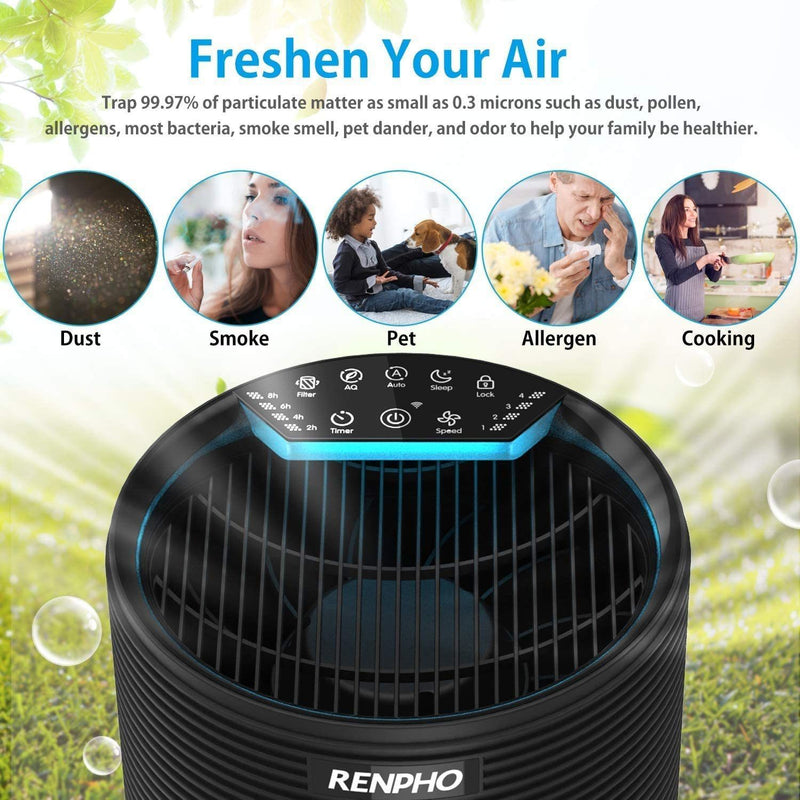 RENPHO Air Purifier for Allergies and Pets Hair with HEPA Filter, Home Bedroom 240 SQ.FT, Quiet Compact Air Cleaner Odor Eliminators for Mold, Smoke, Germ, Dust and Pollen, Night Light, black