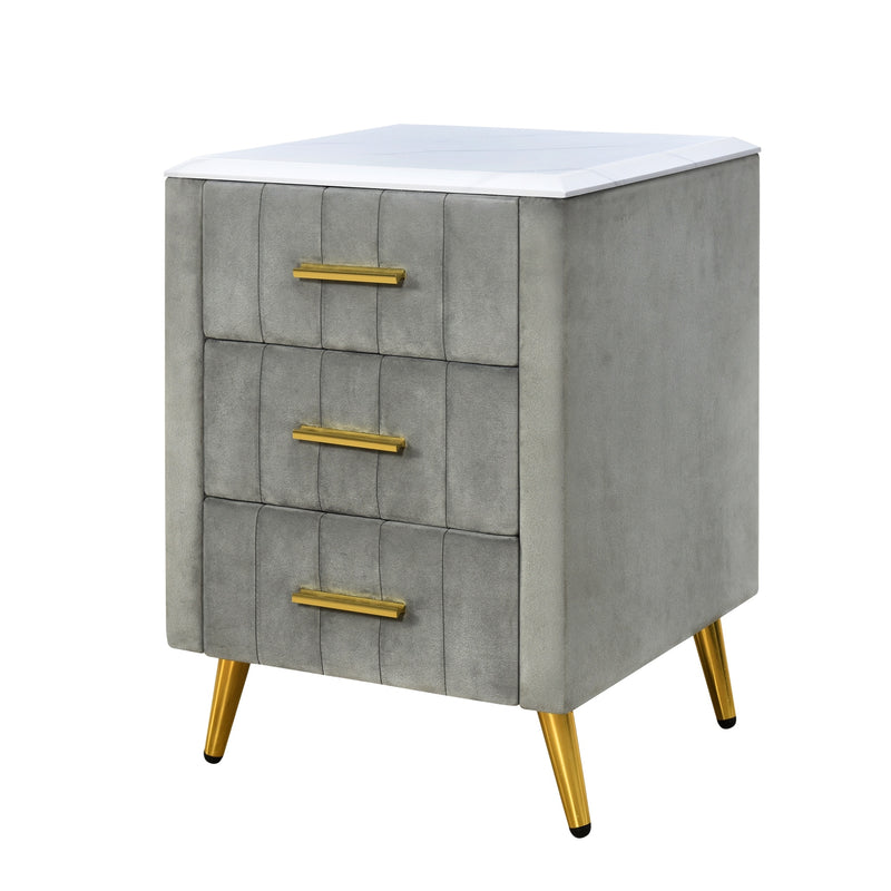 Timothy Upholstered Wooden Nightstand with 3 Drawers and Metal Legs