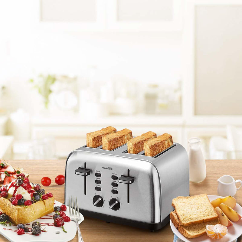 Toaster 4 Slice, Geek Chef Stainless Steel Extra-Wide Slot Toaster with Dual Control Panels of Bagel/Defrost/Cancel Function, 6 Toasting Bread Shade Settings, Removable Crumb Trays, Auto Pop-Up