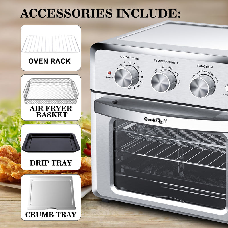 Geek Chef Air Fryer Toaster Oven, 4 Slice 19QT Convection Airfryer Countertop Oven, Roast, Bake, Broil, Reheat, Fry Oil-Free, Cooking 4 Accessories Included, Stainless Steel,1500W