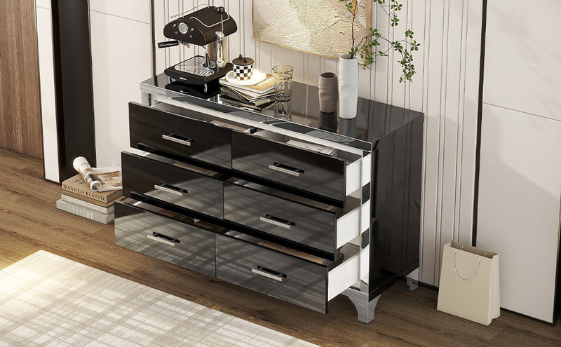 Elegant High Gloss Dresser with Metal Handle,Mirrored Storage Cabinet with 6 Drawers for Bedroom,Living Room,Black