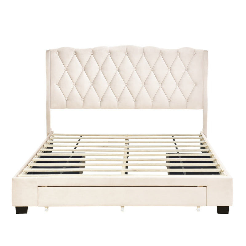 Upholstered Platform Bed with Tufted Headboard and 3 Drawers, No Box Spring Needed, Velvet Fabric, Queen Size Beige