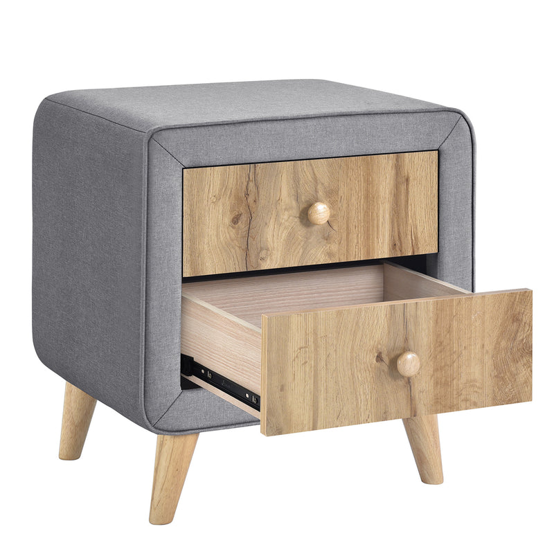 Upholstered Wooden Nightstand with 2 Drawers,Fully Assembled Except Legs and Handles,Bedside Table with Rubber Wood Leg-Gray