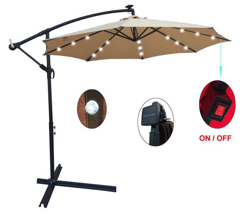 Tan 10 ft Outdoor Patio Umbrella Solar Powered LED Lighted Sun Shade Market Waterproof 8 Ribs Umbrella with Crank and Cross Base for Garden Deck Backyard Pool Shade Outside Deck Swimming Pool RT