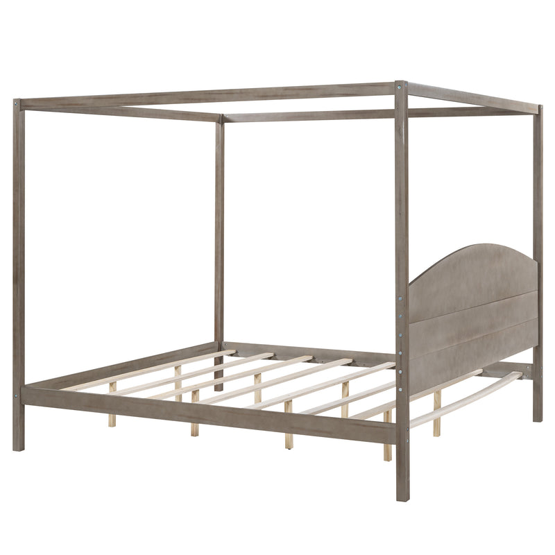 King Size Canopy Platform Bed with Headboard and Support Legs, Brown Wash