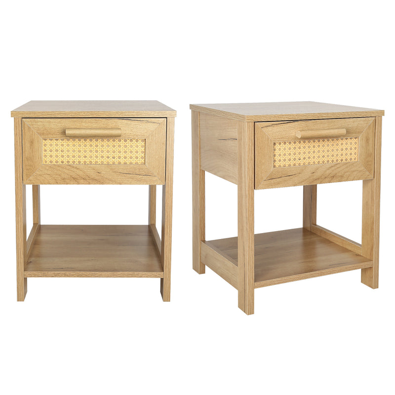 Nightstand Set of 2, 2 Drawer Dresser for Bedroom, Small Dresser with 2 Drawers and two open storage shelf, Bedside Furniture, Night Stand, End Table with rattan Design, Natural Color