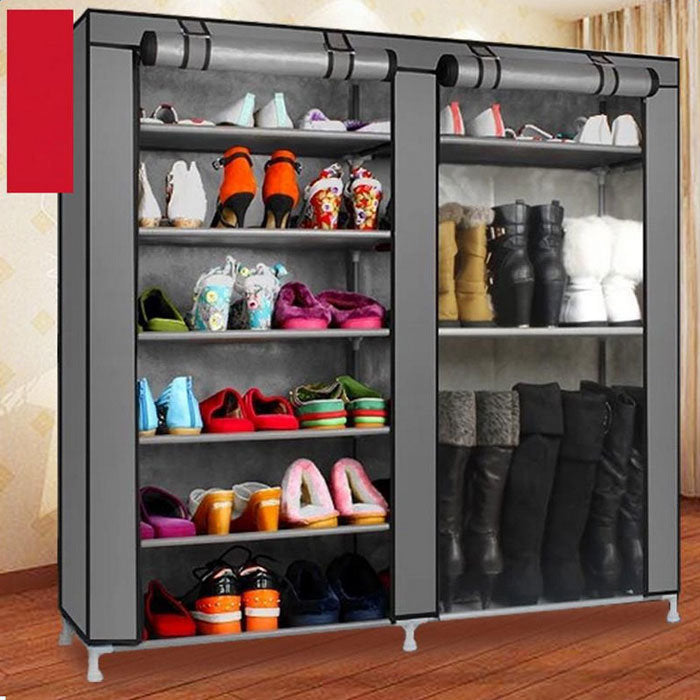 Double Rows Home Shoe Rack Shelf Storage Closet Organizer Cabinet Portable Cover Grey