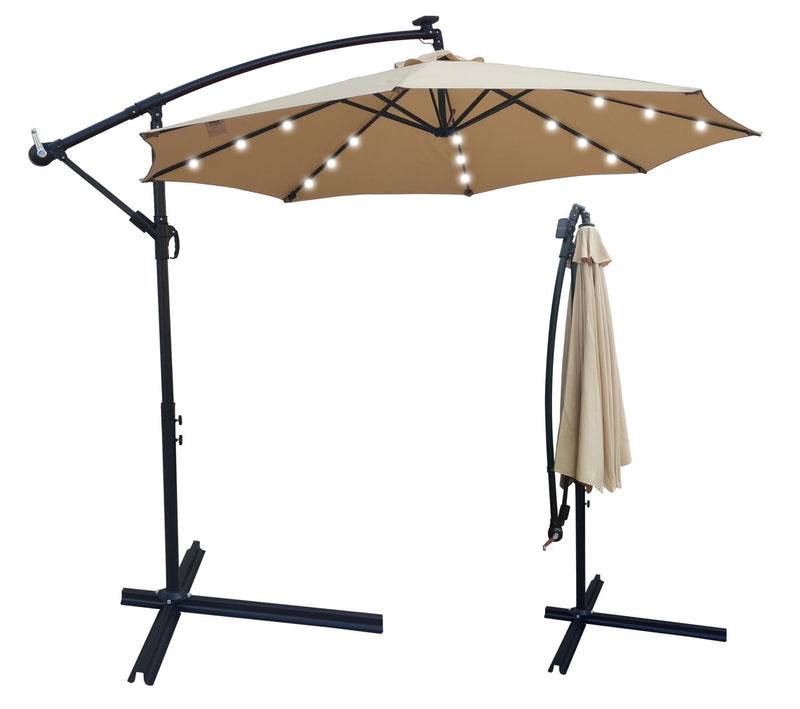 Tan 10 ft Outdoor Patio Umbrella Solar Powered LED Lighted Sun Shade Market Waterproof 8 Ribs Umbrella with Crank and Cross Base for Garden Deck Backyard Pool Shade Outside Deck Swimming Pool RT