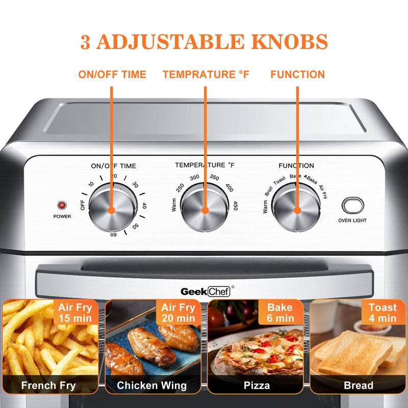 Geek Chef Air Fryer Toaster Oven, 4 Slice 19QT Convection Airfryer Countertop Oven, Roast, Bake, Broil, Reheat, Fry Oil-Free, Cooking 4 Accessories Included, Stainless Steel,1500W