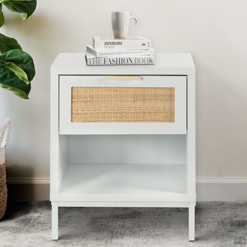 Sussex Modern Wood Nightstand with Natural Rattan Drawer