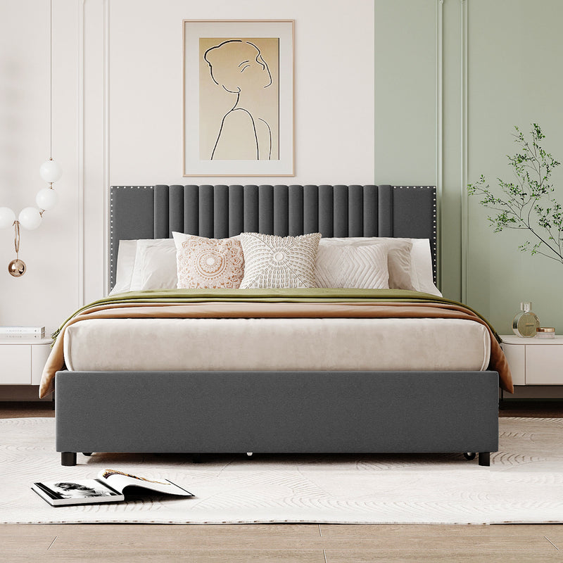 Queen Size Upholstered Platform Bed with 2 Drawers and 1 Twin XL Trundle, Classic Headboard Design, Gray