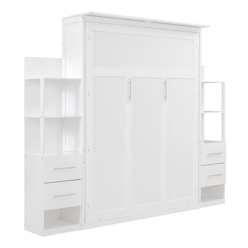 Queen Size Murphy Bed Wall Bed with Shelves, Drawers and LED Lights,White