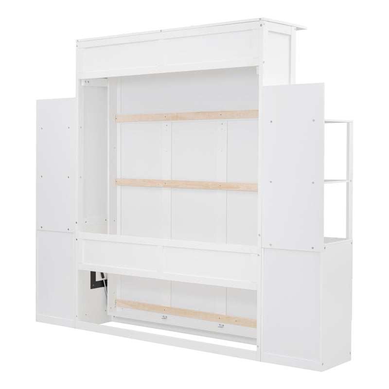 Queen Size Murphy Bed Wall Bed with Shelves, Drawers and LED Lights,White