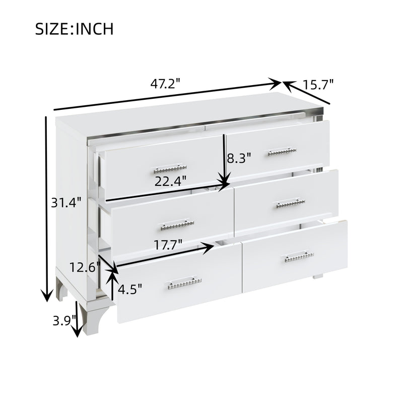 Elegant High Gloss Dresser with Metal Handle,Mirrored Storage Cabinet with 6 Drawers for Bedroom,Living Room,White