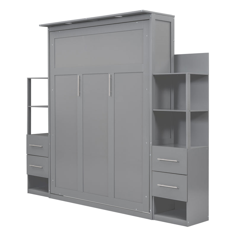 Queen Size Murphy Bed Wall Bed with Shelves, Drawers and LED Lights,Gray
