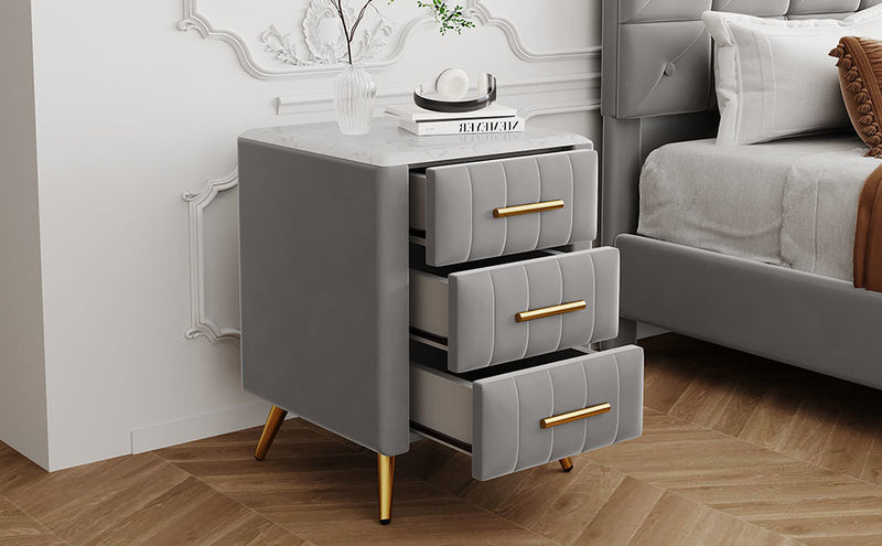 Timothy Upholstered Wooden Nightstand with 3 Drawers and Metal Legs